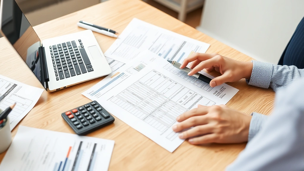 A person sitting at a desk reviewing financial documents and tax forms while using a calculator and laptop, illustrating financial management and tax planning for self-employed contractors