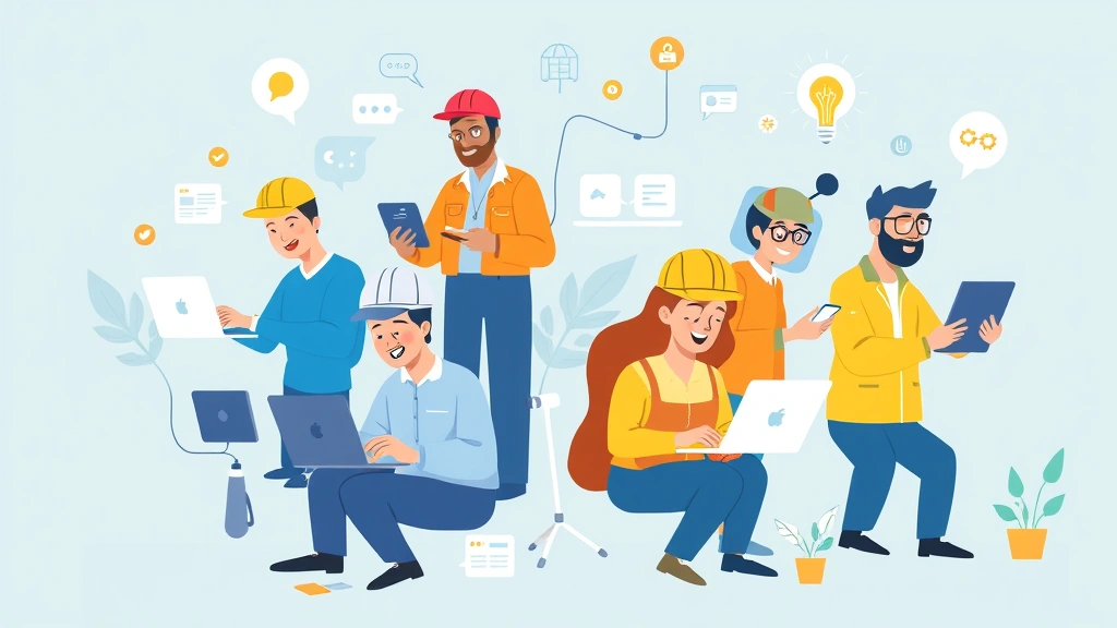 Cartoon diverse contractors working on different devices and platforms simultaneously, showing multitasking and flexibility, bright modern aesthetic with collaboration symbols