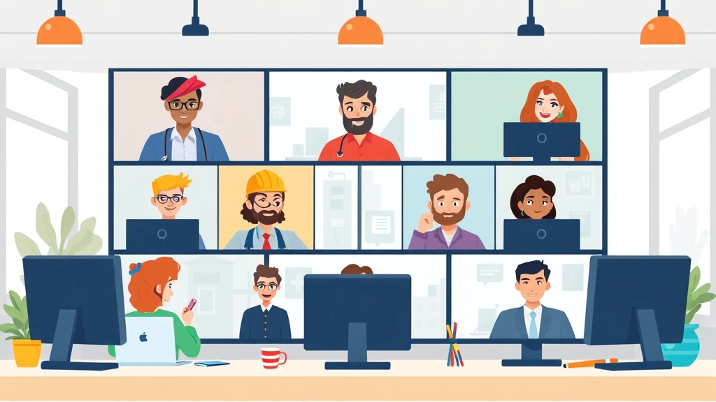 Cartoon diverse group of contractors collaborating remotely via video conference, multiple screens showing different professionals, modern digital workspace, colorful and energetic