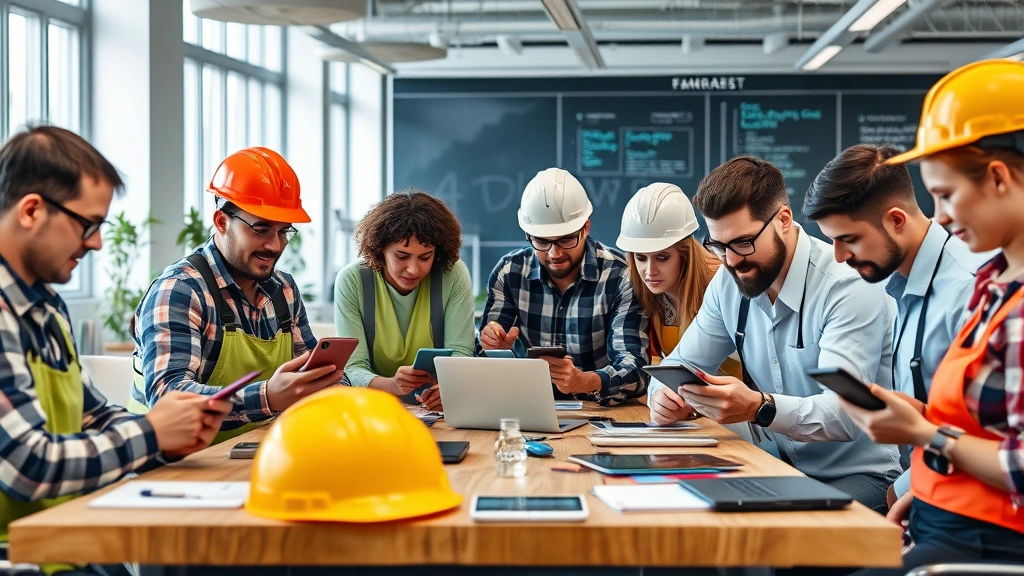 Diverse group of contractors working on different devices in collaborative workspace, showing teamwork and flexibility, various projects and industries represented, modern professional environment