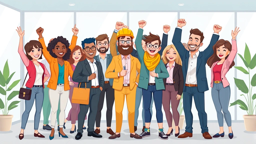 Diverse group of successful independent contractors celebrating business achievements together in modern collaborative space, different backgrounds and professions represented, happy and collaborative, cartoon style illustration