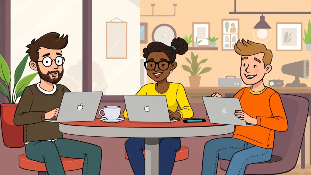 Cartoon diverse group of freelancers working on laptops in different locations (coffee shop, home office, coworking space) representing remote 1099 work flexibility and freedom