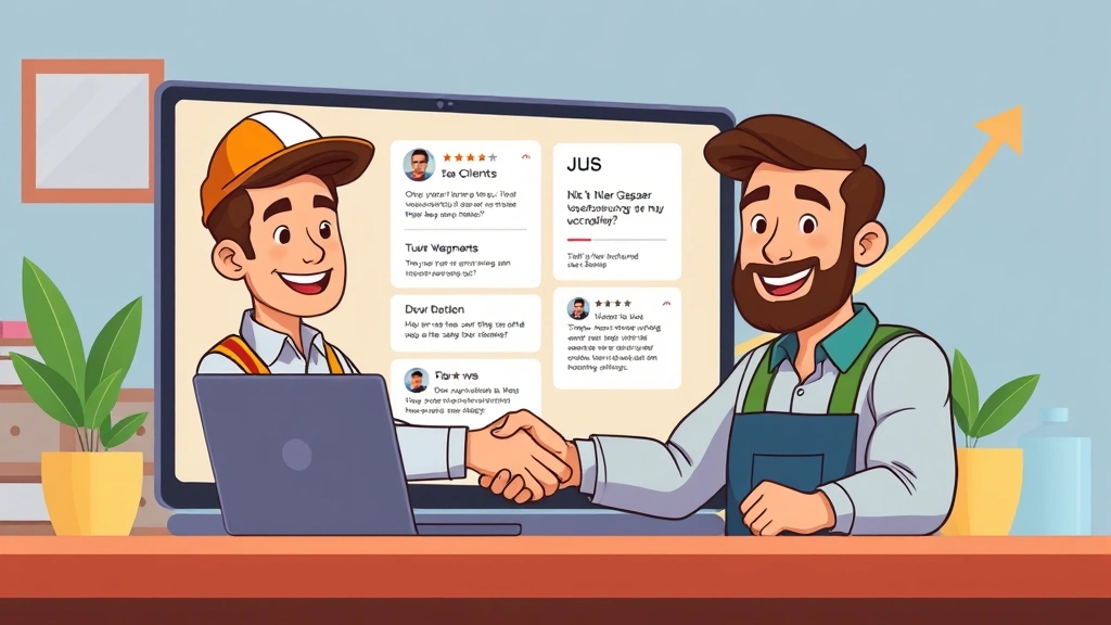 Cartoon contractor confidently presenting portfolio to smiling clients in video call, laptop screen showing stellar reviews and testimonials, digital handshake, professional atmosphere with growth arrows