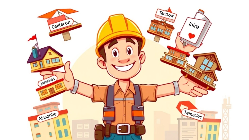 Cartoon contractor juggling multiple projects labeled with different client names, colorful and energetic, showing flexibility and diverse work