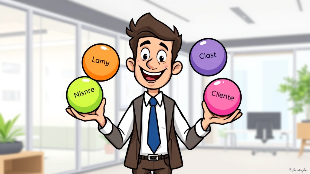Cartoon character juggling multiple colored balls labeled with different client names, balancing act, cheerful expression, modern office background
