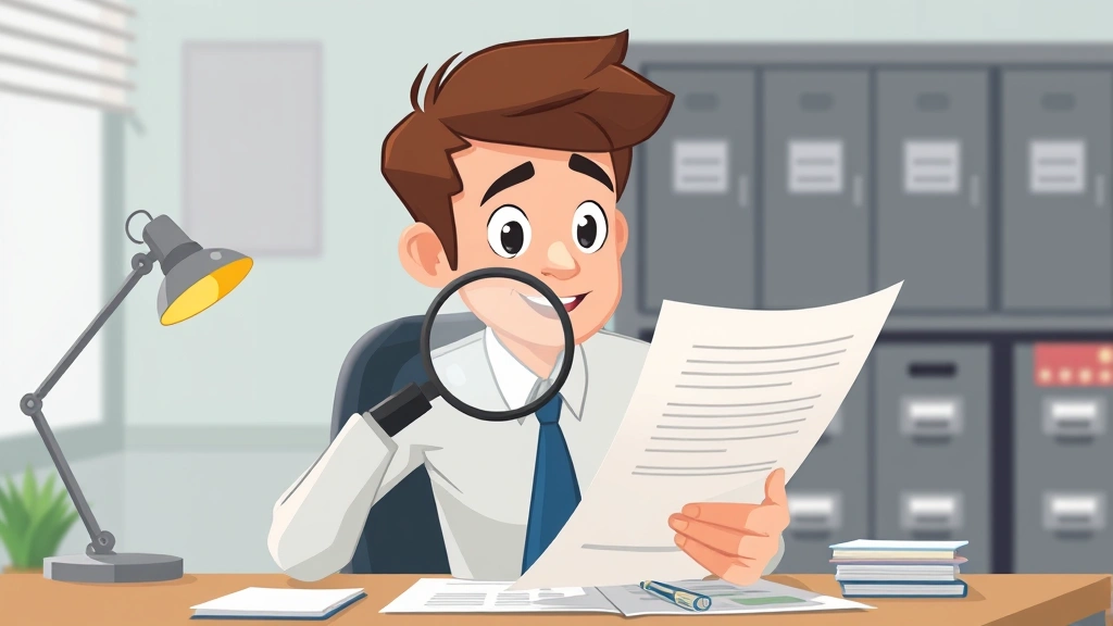 Friendly cartoon man reviewing documents and contracts with magnifying glass, professional office setting with filing cabinets and desk lamp