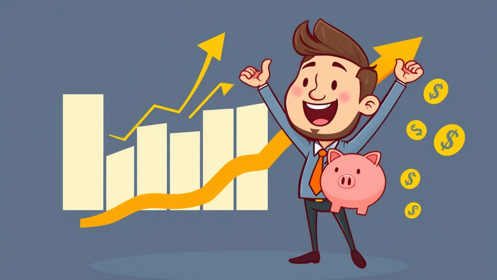 Cartoon entrepreneur celebrating financial success with growth chart, rising arrow graph, piggy bank, and dollar signs, optimistic and prosperous feeling