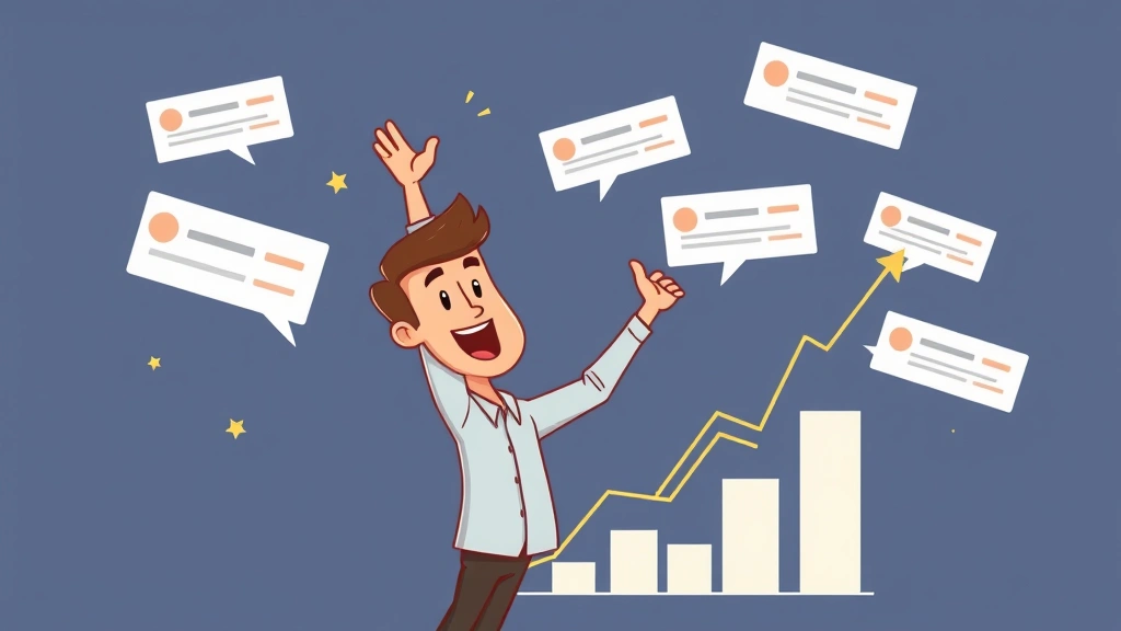 Cartoon freelancer celebrating success with upward trending graph, growing income chart, and satisfied client testimonials floating around, showing financial growth and business expansion