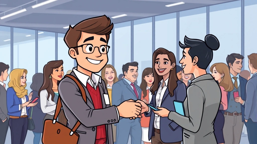 Cartoon freelancer networking at professional event with diverse people, handshakes, business cards exchanging, modern office building background