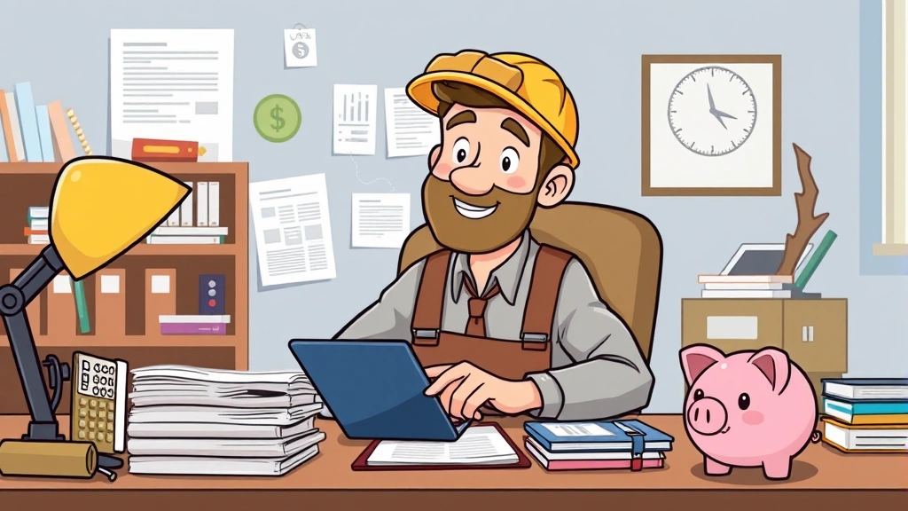 Cartoon contractor at desk organizing financial documents, calculator, tax forms, and retirement savings plan, piggy bank nearby, organized and focused expression