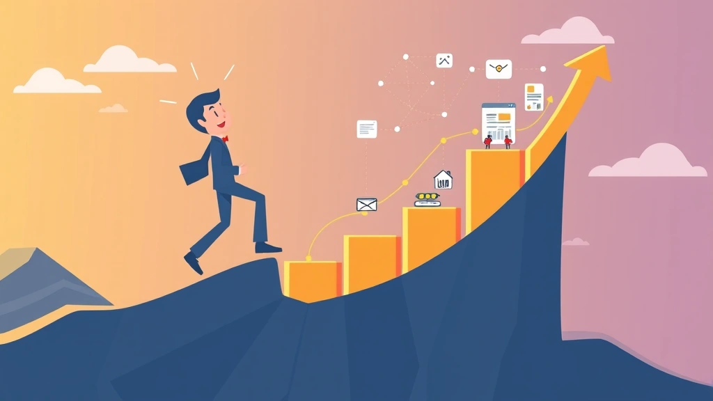 Cartoon figure climbing upward with growing bar chart, networking connections, and portfolio items, representing career growth and scaling as an independent contractor