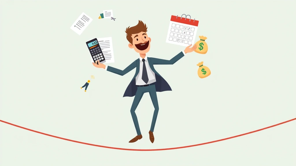 Accountant juggling tax forms, calculator, calendar, and money bags while balancing on a tightrope, representing financial management and quarterly tax obligations, cartoon style with vibrant colors