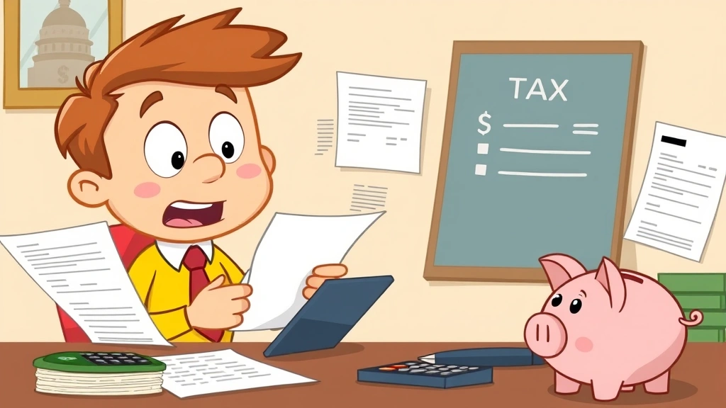 Cartoon character analyzing tax documents and receipts with calculator and piggy bank nearby, showing financial planning and deductions process