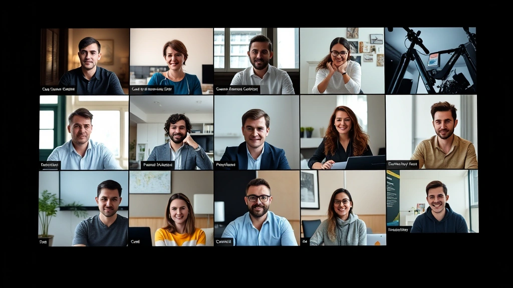 Diverse group of independent contractors collaborating remotely via video call on multiple screens, sharing ideas and building client relationships across different industries