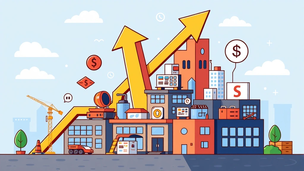 Cartoon image showing contractor building business empire, upward trending arrow, growing client base icons, calendar scheduling, diverse income sources, success and growth theme