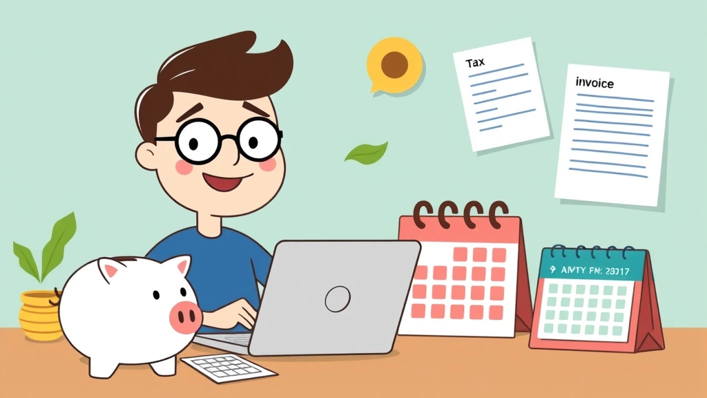 Cartoon illustration of a freelancer managing finances with a piggy bank, tax documents, invoice papers, and calendar for quarterly payments, showing organized business management in a friendly, approachable style