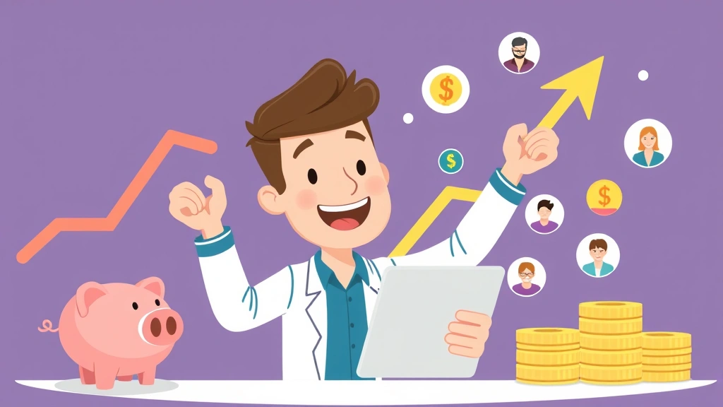 Cartoon freelancer celebrating income growth with upward arrow graph, piggy bank, and multiple client icons representing diverse income streams