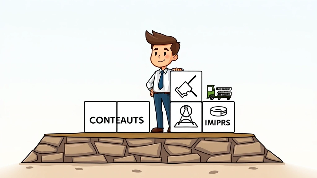 Cartoon person building business foundation with blocks labeled health insurance, savings, contracts, and equipment, standing on solid ground, professional and organized appearance