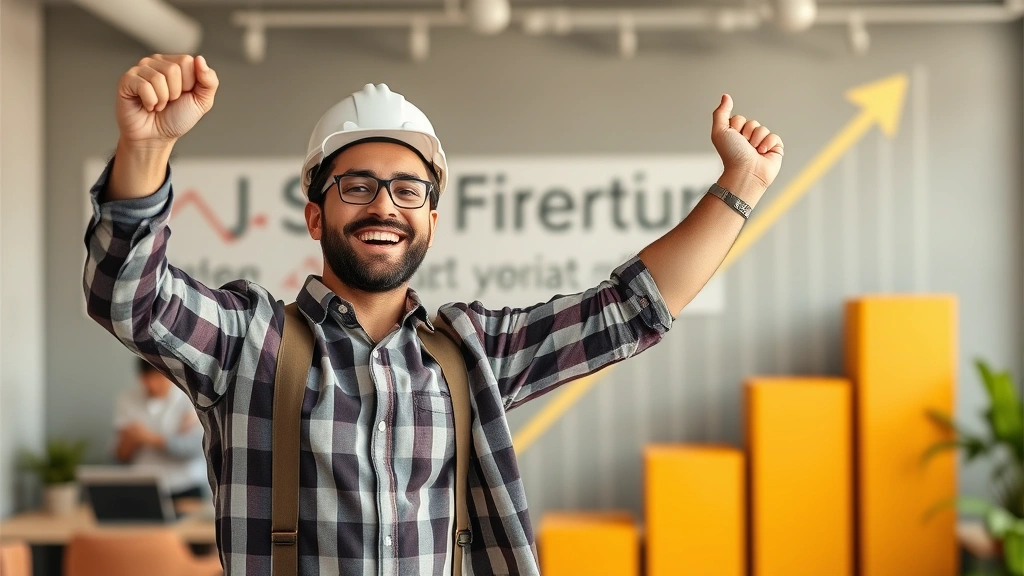 Independent contractor celebrating successful project completion with satisfied clients in background, growing upward trend chart, motivational career growth imagery