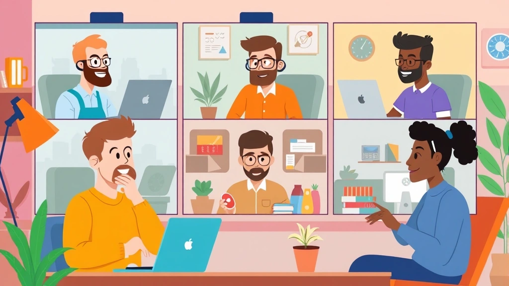 Diverse group of contractors collaborating online via video call, each working from different locations (home, café, coworking), colorful background, cartoon style