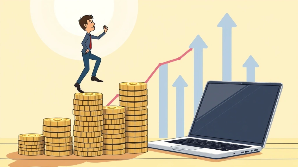 Cartoon figure climbing upward on stacked coins and growing charts, laptop nearby, sunny background with upward arrows, representing income growth and career progression in freelancing