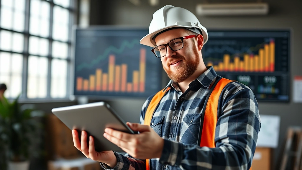 Successful contractor reviewing business metrics and growth chart on tablet, confident pose, financial success visualization with upward trending graphs