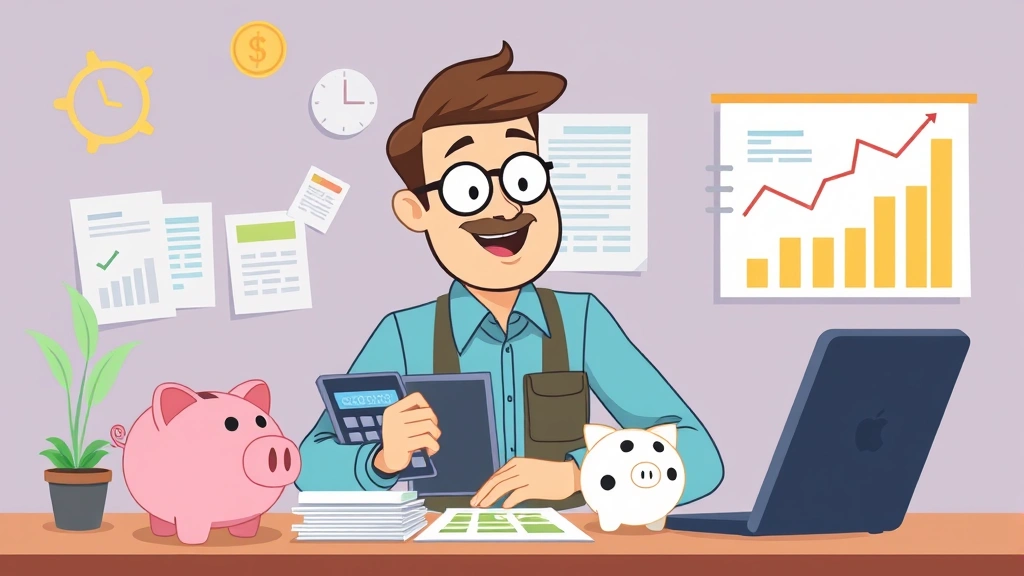 Cartoon independent contractor organizing finances with calculator, piggy bank, tax documents, and growth charts, showing business planning and financial management success
