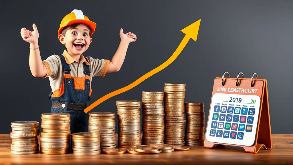 Happy contractor celebrating success with upward growth chart, stacked coins, calendar showing income stability, multiple client logos, vibrant colors, achievement theme