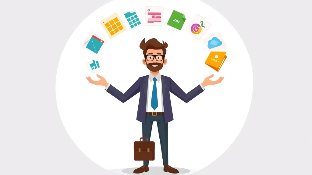 Freelancer juggling multiple colorful project files and client icons around their head while standing confidently with briefcase, representing diverse client base management, cartoon style