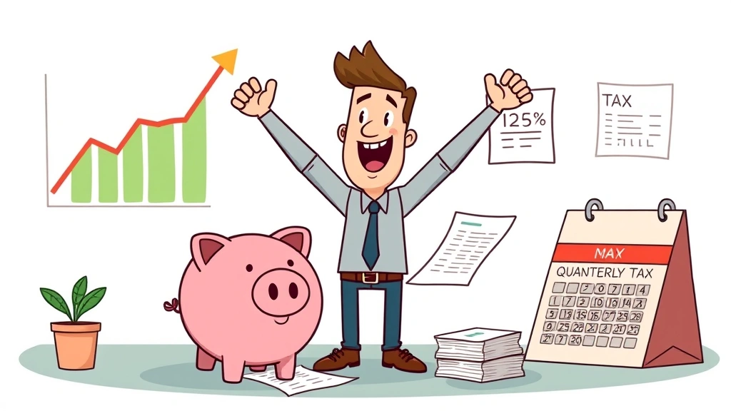 Cartoon freelancer celebrating financial success with growing income chart, piggy bank, tax documents, and calendar showing quarterly tax payments, professional growth