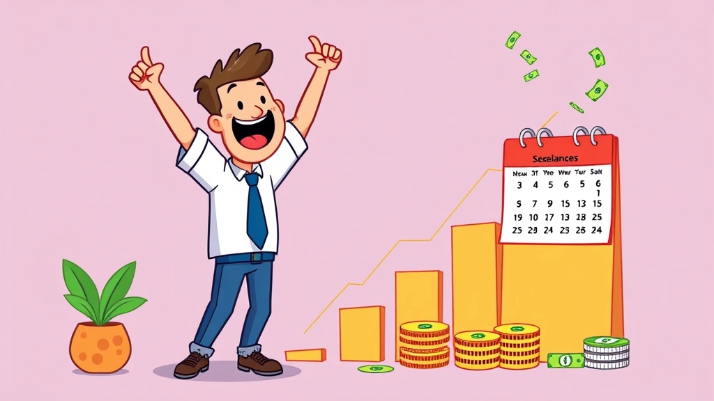 Freelancer celebrating success with rising income graph, calendar showing booked projects, happy clients, and money flowing in, energetic and motivational cartoon illustration