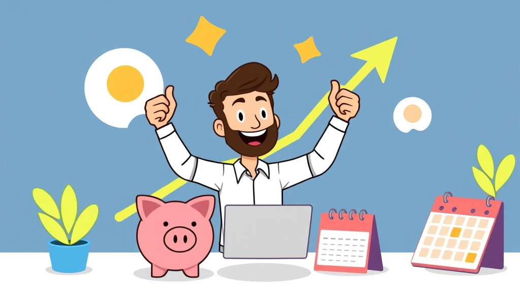 Cartoon freelancer celebrating income growth with upward arrow chart, surrounded by happy clients giving thumbs up, piggy bank, and calendar showing recurring projects
