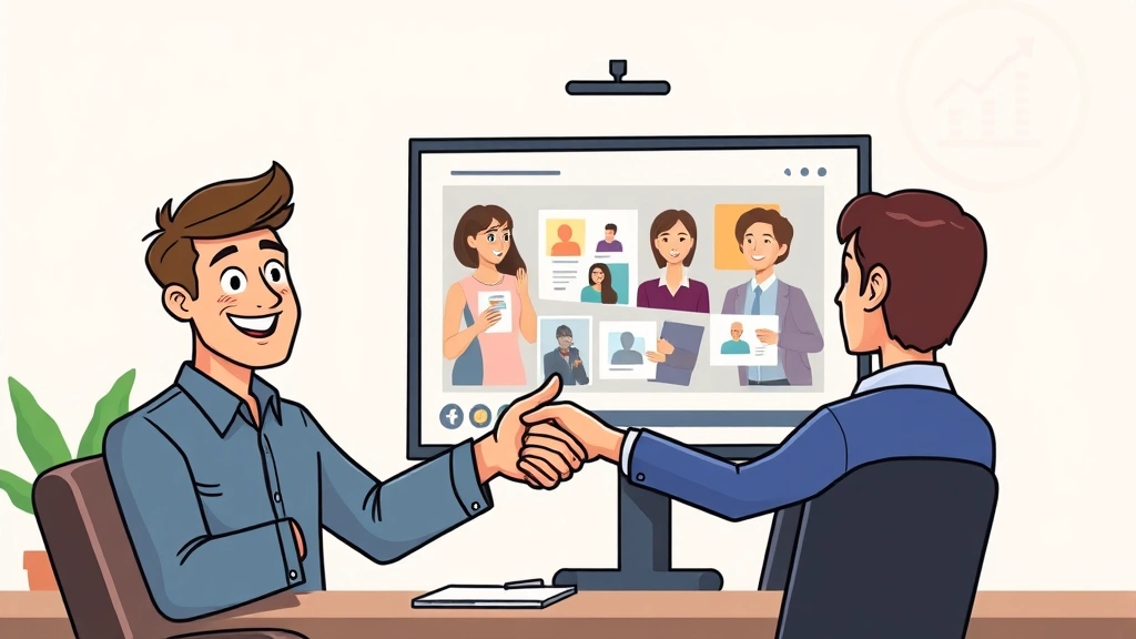 Happy independent professional presenting portfolio to interested clients via video call, handshake, and thumbs up, depicting successful client relationships and business growth, cartoon style
