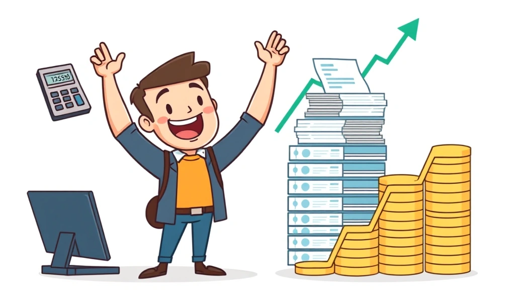 Cartoon freelancer celebrating financial success with calculator and growth charts, stacks of invoices, and upward trending arrow showing increased earnings