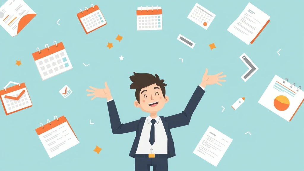Cartoon illustration of freelancer juggling multiple client projects with calendars, invoices, and contracts floating around, depicting time management and business organization
