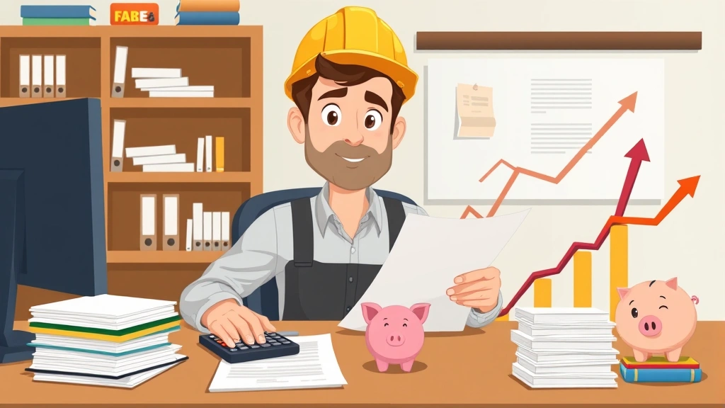 Cartoon illustration of contractor sitting at desk reviewing financial documents, calculator, tax forms, piggy bank, growth chart going upward, organized files, professional and confident demeanor