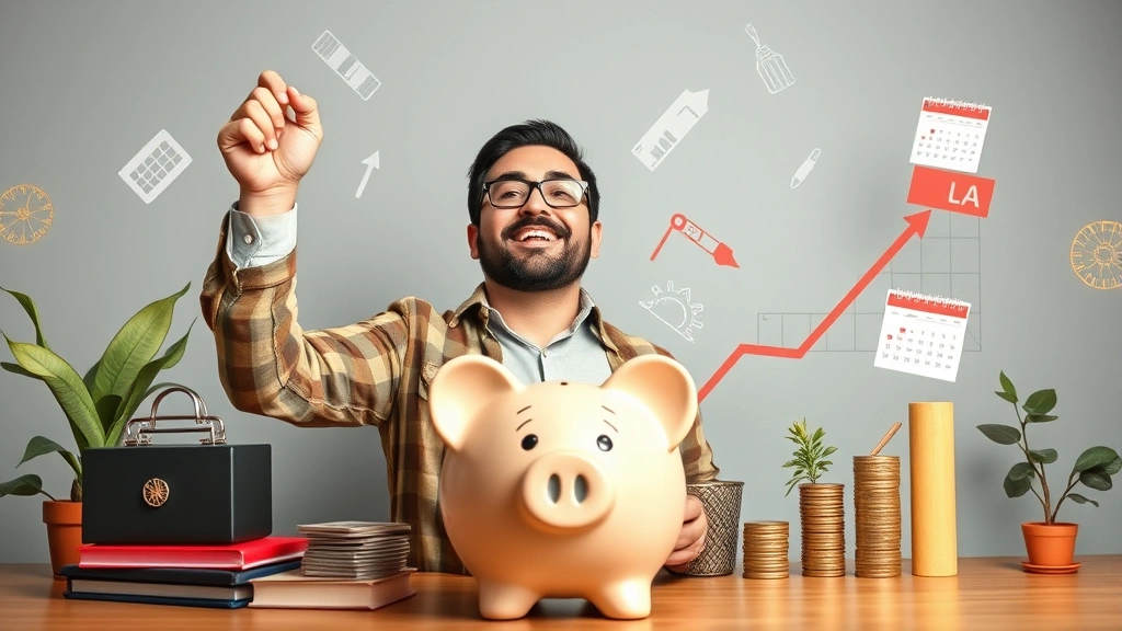 Independent contractor celebrating success with upward trending income chart, piggy bank, calendar planning, and business growth symbols floating around, hopeful career advancement mood