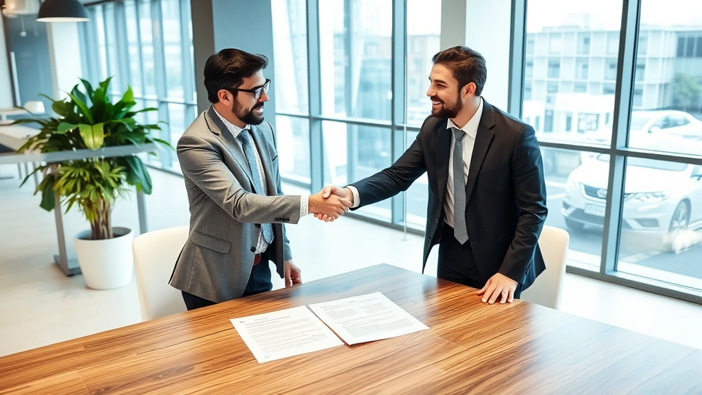 Professional freelancer in business casual attire shaking hands with a client in modern office setting, with contract and agreement papers visible on table between them