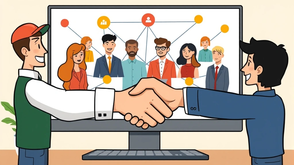 Cartoon contractor shaking hands with multiple clients across computer screen, network connections, diverse people, representing building client base and networking