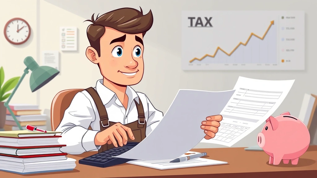 Cartoon male contractor reviewing financial documents and tax forms with calculator, piggy bank nearby, upward trending graph, organized workspace with files, focused determined expression