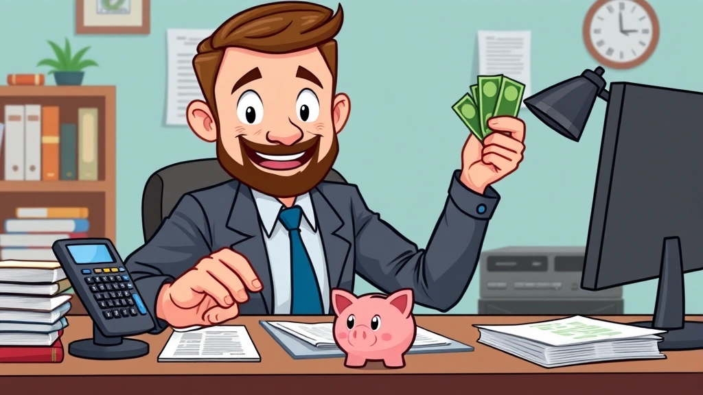 Cartoon entrepreneur counting money and organizing finances with calculator, piggy bank, and tax documents, confident expression, organized desk setup, professional appearance