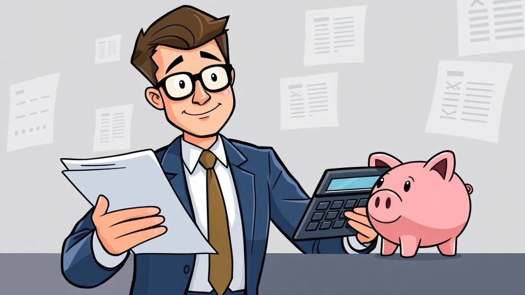Cartoon business person reviewing documents and calculator with piggy bank, tracking finances, managing taxes and expenses, focused professional