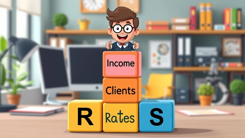 Cartoon entrepreneur building blocks labeled 'Income,' 'Clients,' 'Rates,' stacking them upward, colorful professional workspace background