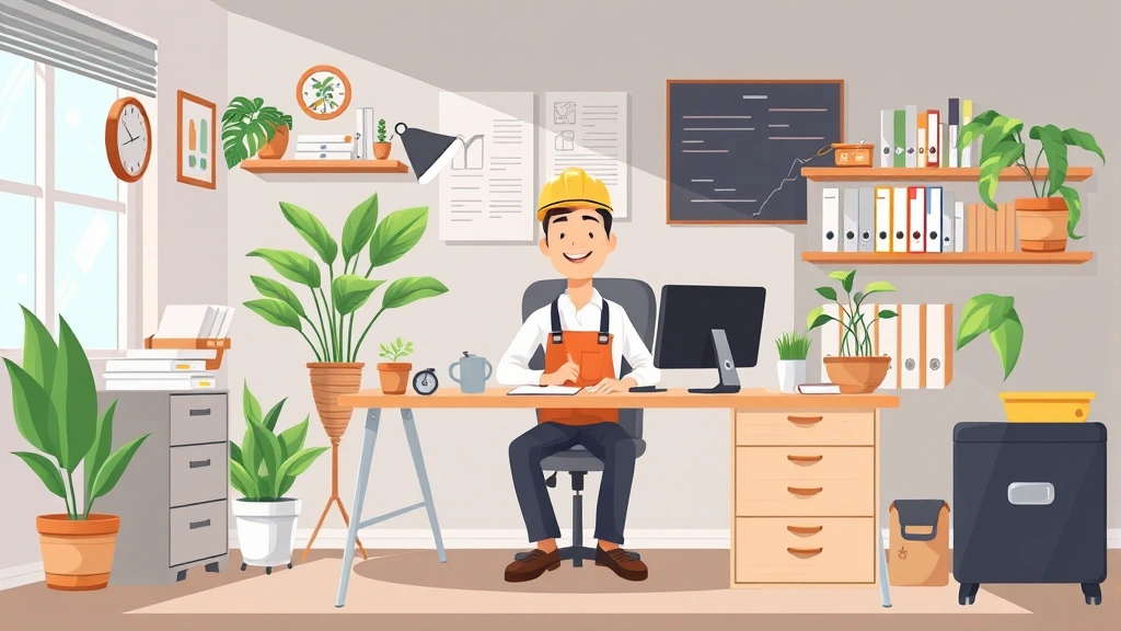 Cartoon contractor in home office with desk, computer, plants, filing cabinet, and business supplies, organized workspace illustration