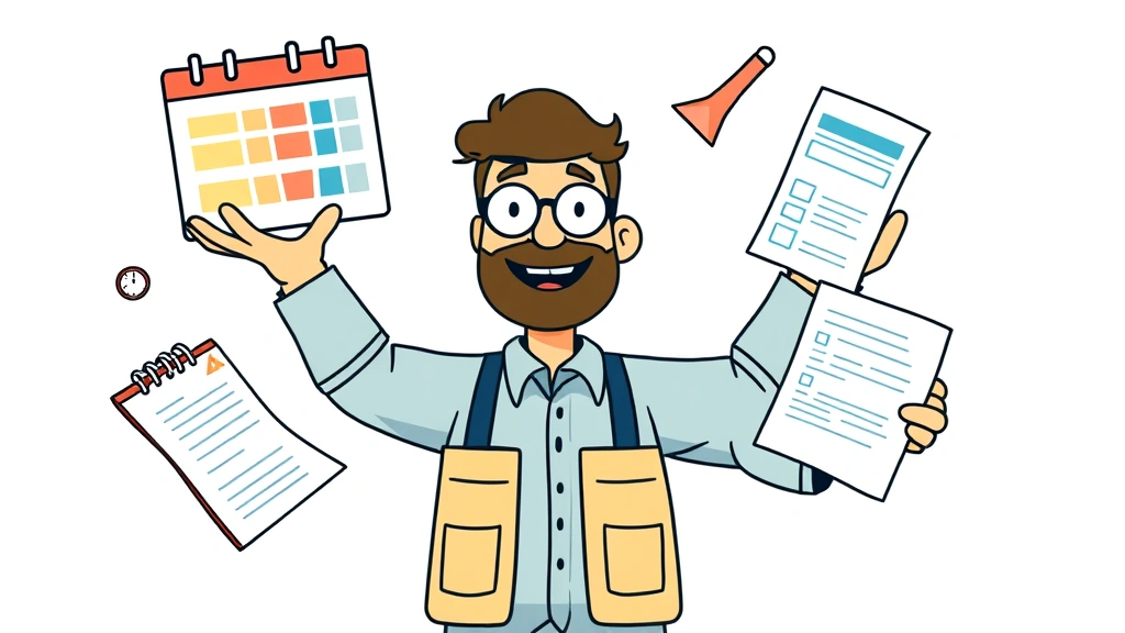 Cartoon illustration of contractor juggling multiple project tasks with calendar, invoices, and client documents, showing time management and organization