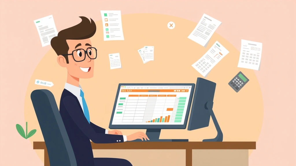 Cartoon business owner managing finances with spreadsheet on computer, surrounded by floating invoices, tax forms, and calculator symbols, organized and professional appearance