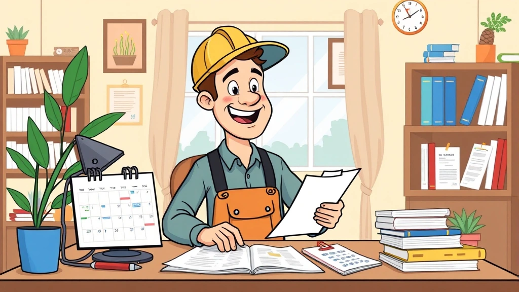 Cheerful cartoon contractor working from home with calendar, invoices, and tax forms organized, representing business management and planning