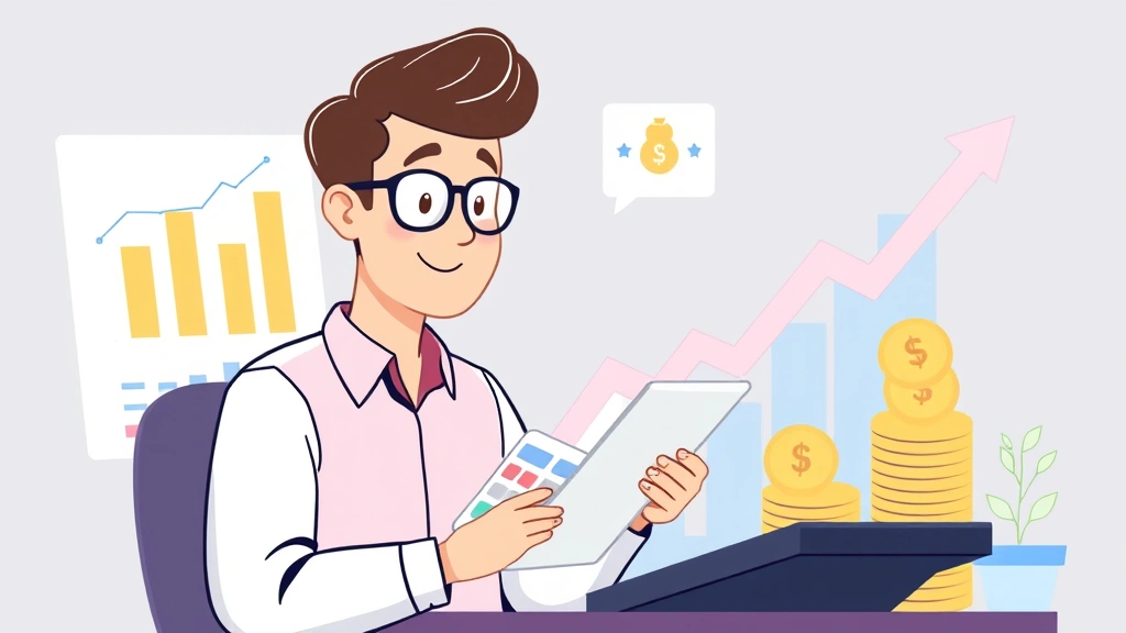 Cartoon illustration of a freelancer checking financial charts and calculator, managing business finances, with growth arrows and money symbols indicating successful income growth