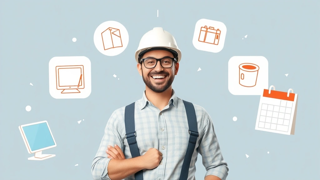 Cheerful contractor surrounded by floating icons representing deductible expenses: home office, software, equipment, coffee cup, and calendar