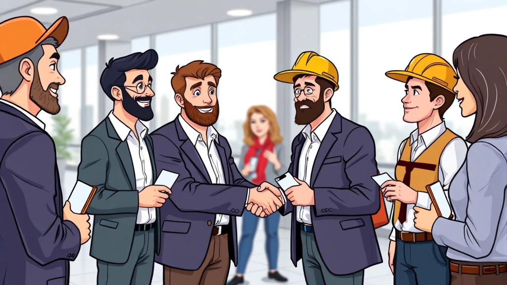 Cartoon diverse contractors networking at professional event, shaking hands and exchanging business cards, modern office setting